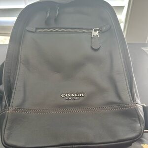 Coach Black Leather Men's Backpack with Front Zip Pocket